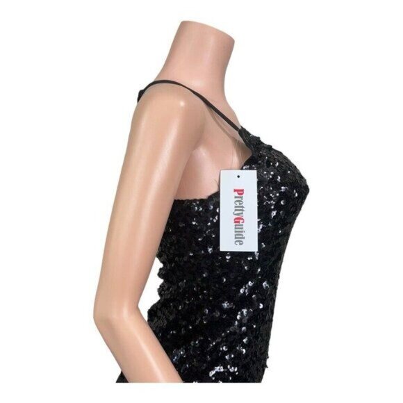 Black Sequin Mini Bodycon Dress With Adjustable Spaghetti Straps - Picture 3 of 13